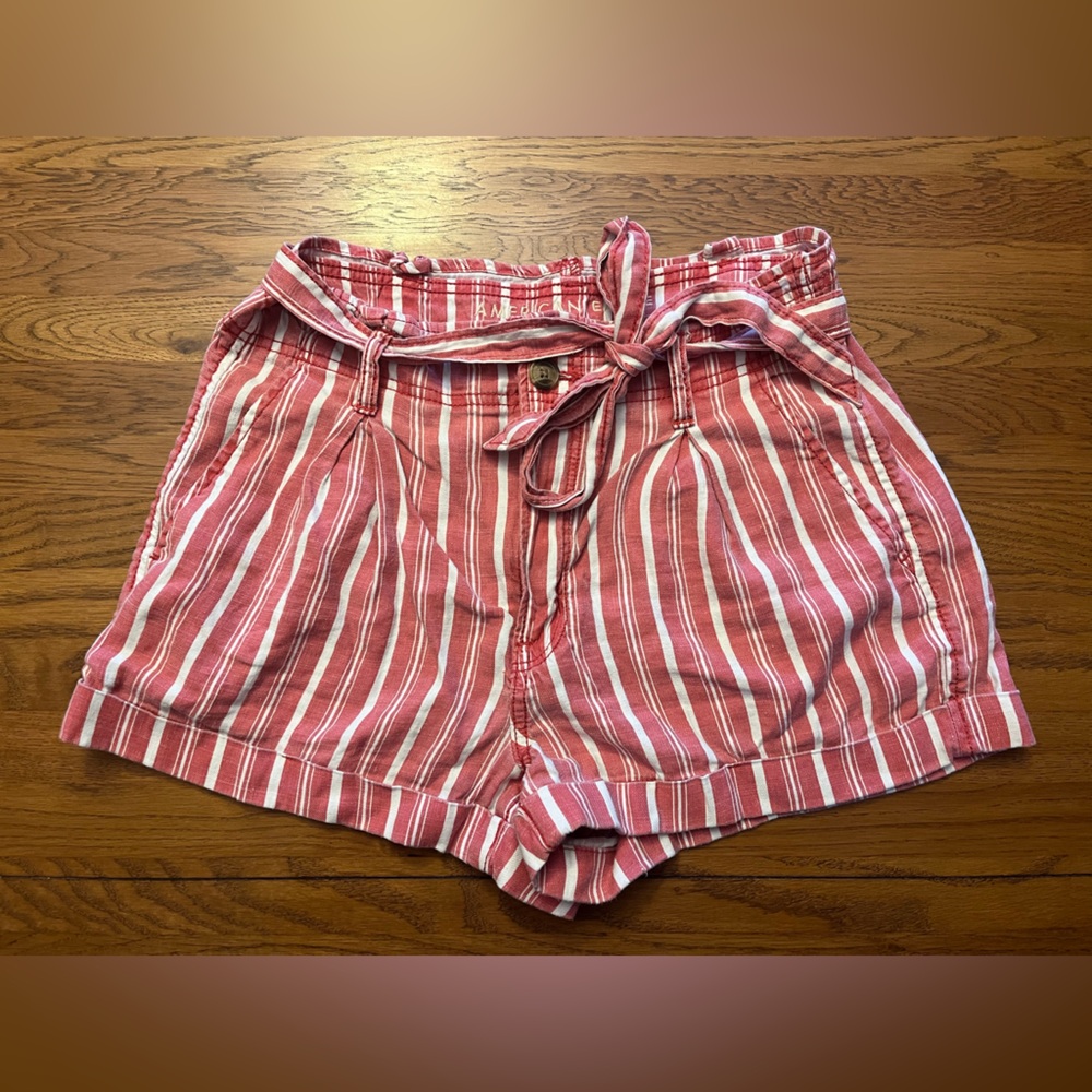 American Eagle Outfitters High Waist Striped Shorts - Red and White